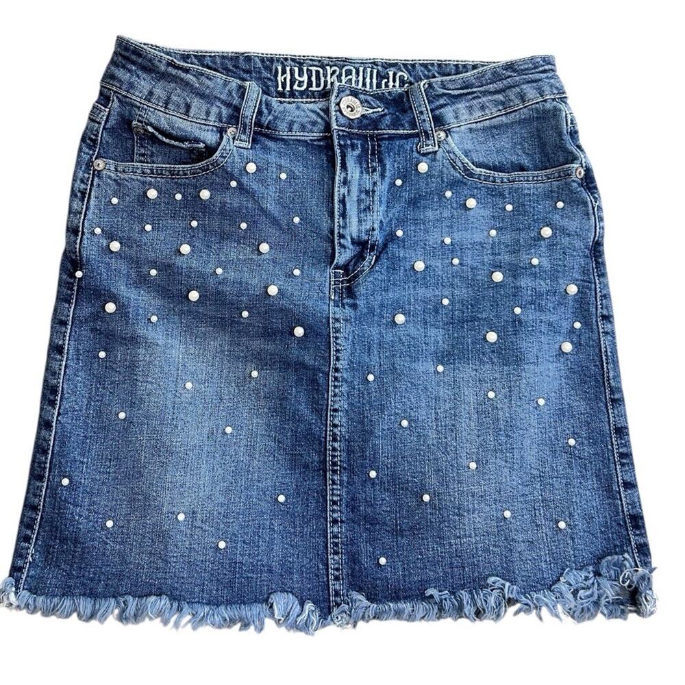 Hydraulic Soho High Rise Skirt Sz 4 Pearls Blue Wash Frayed Preppy Denim - Picture 4 of 6